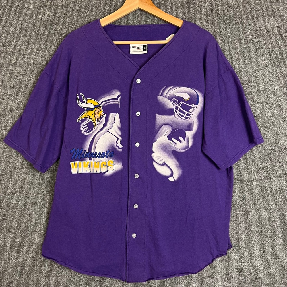 Vintage Badger Sport Minnesota Vikings Jersey Mens XL Purple Button Up USA